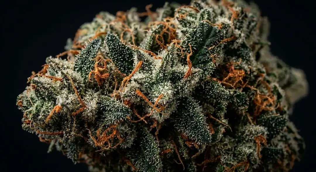 Somango feminized cannabis buds showing dense indica structure with vibrant orange pistils and tropical trichome coating