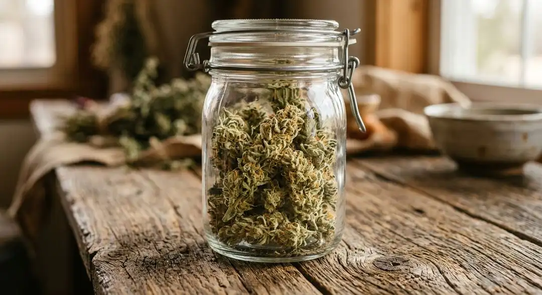 Cured Sour Diesel cannabis buds in glass jar with citrus-colored trichomes