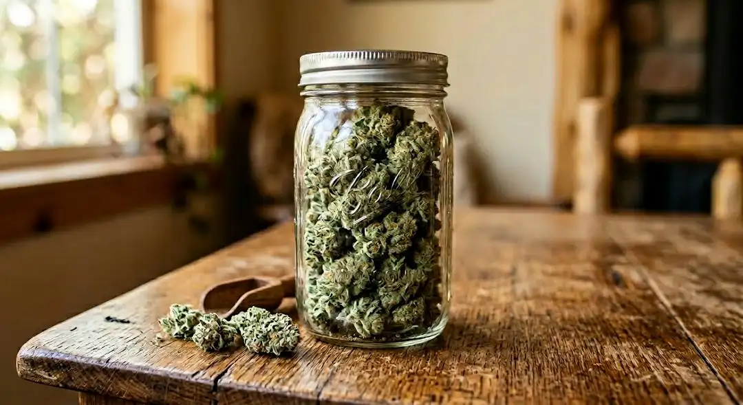 Properly cured Strawberry Diesel cannabis buds in a glass jar showing rich amber trichomes and berry coloring