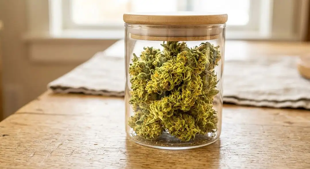 Cured Super Lemon Haze cannabis buds in glass jar with visible trichomes