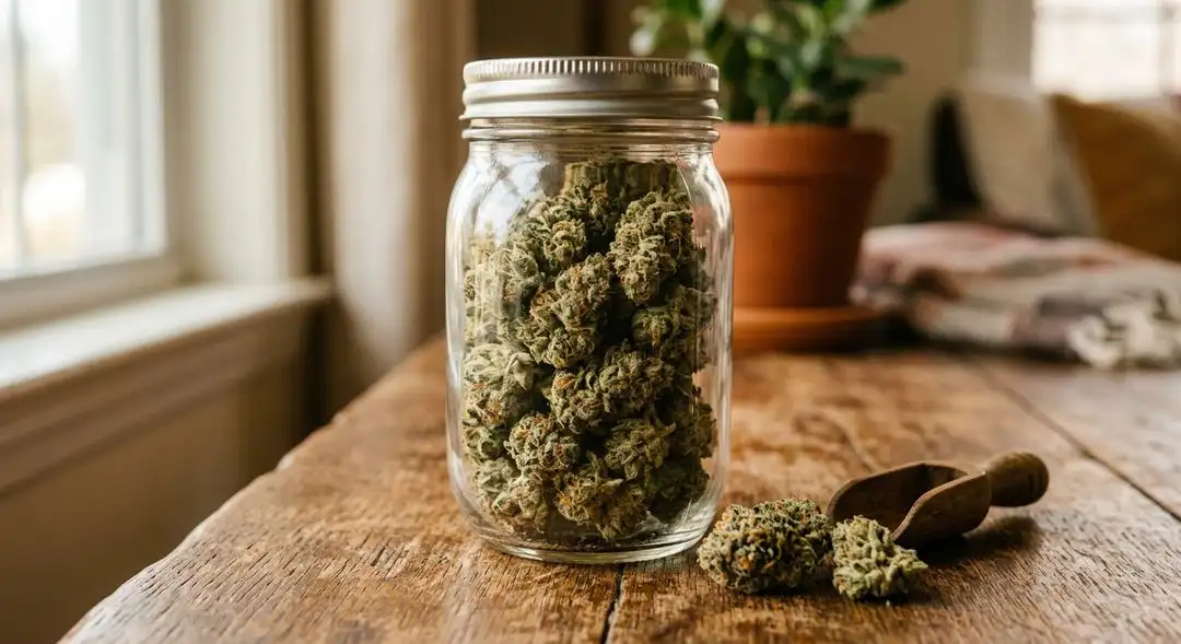 Cured Swazi feminized cannabis buds in a glass jar showing golden-green color and fine trichome coverage after proper drying