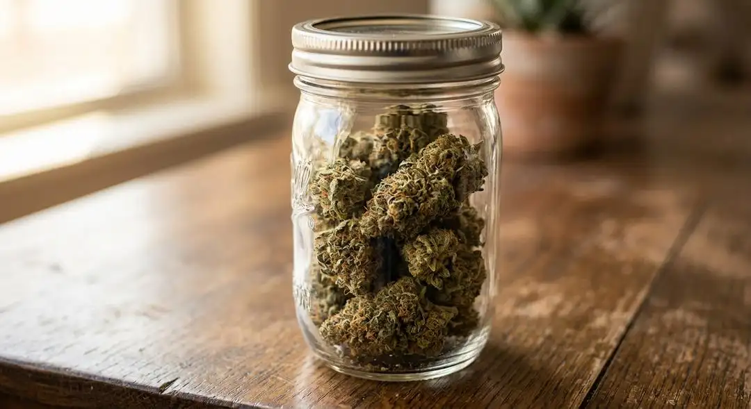Cured Tangerine Haze cannabis buds in a glass jar showing rich orange and amber tones, dense trichome coverage, and deep citrus aroma