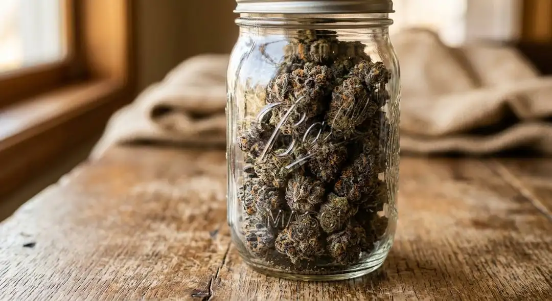 Cured Tropicana Cookies cannabis buds showing dense trichome coverage, purple and orange hues, and characteristic Cookies bud structure