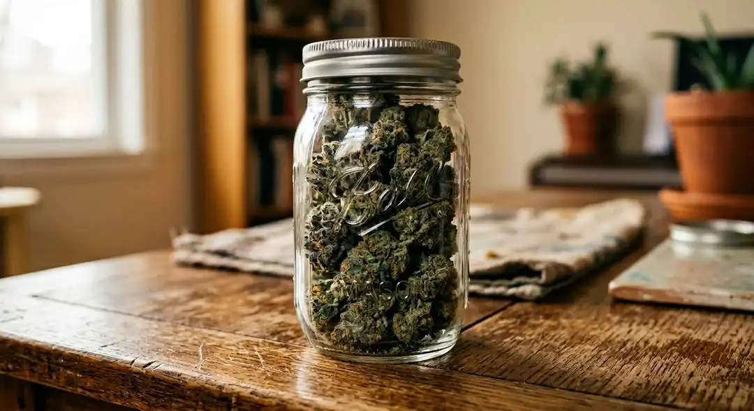Cured True OG cannabis buds in a glass jar showing deep green color, dense structure, and heavy trichome resin coating