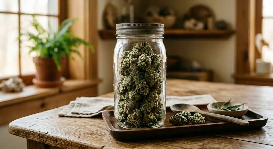 Properly dried and cured Vanilla Kush buds in a glass jar showing rich trichome coverage, amber pistils, and deep green and purple coloration