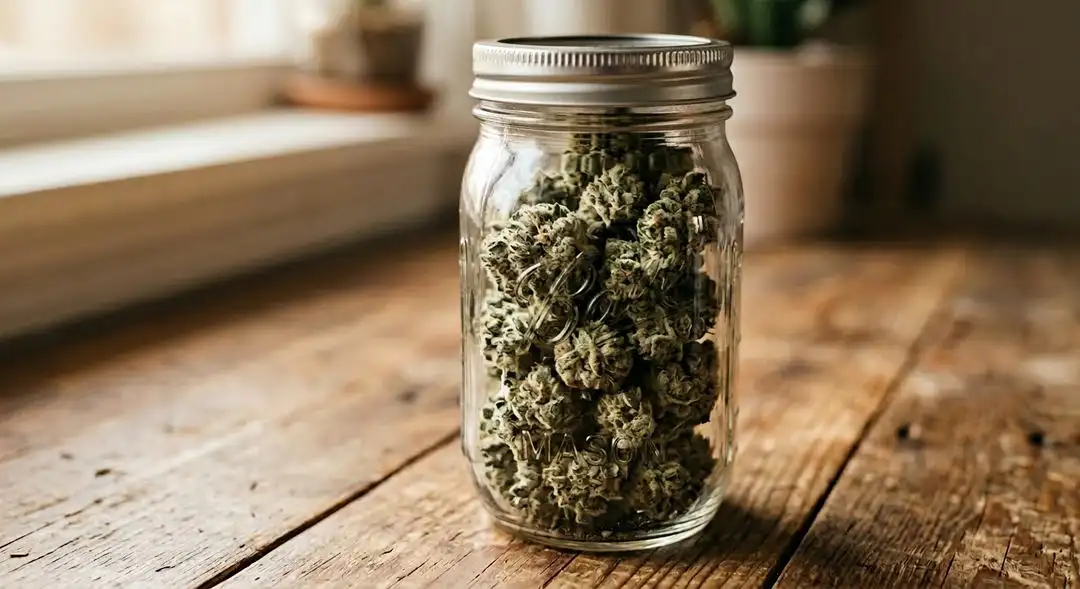 Cured White Berry cannabis buds in a glass jar showing dense structure, purple hues, and heavy trichome coverage