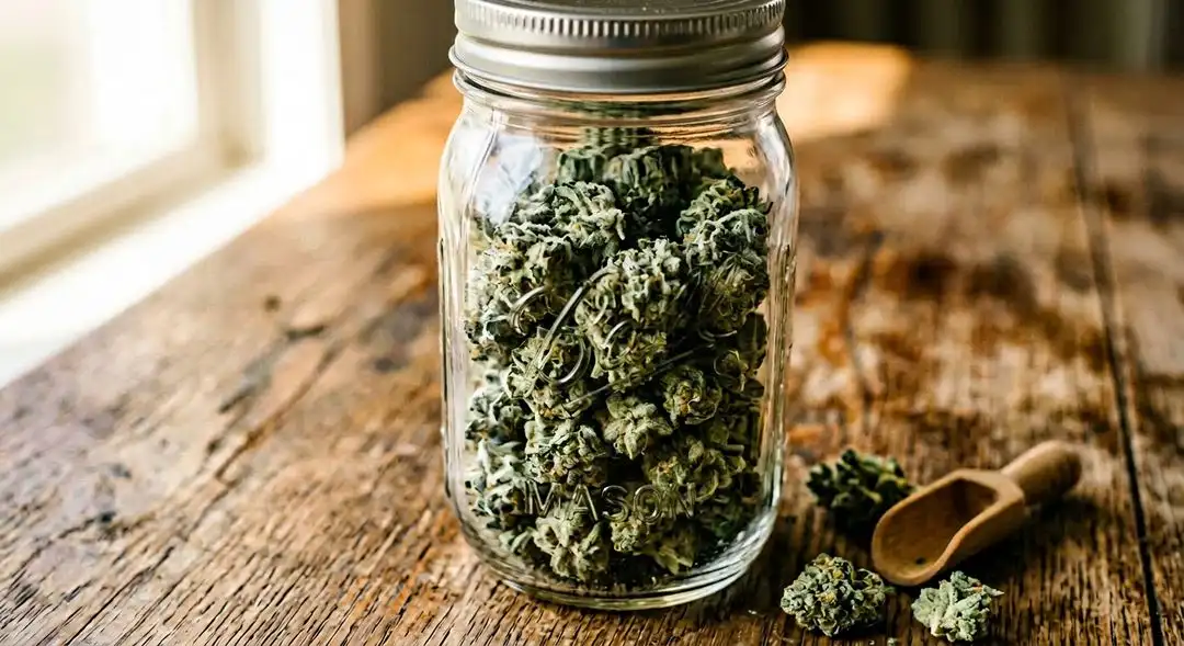 Cured White Fire OG buds showing dense trichome coverage and orange pistils against a dark background