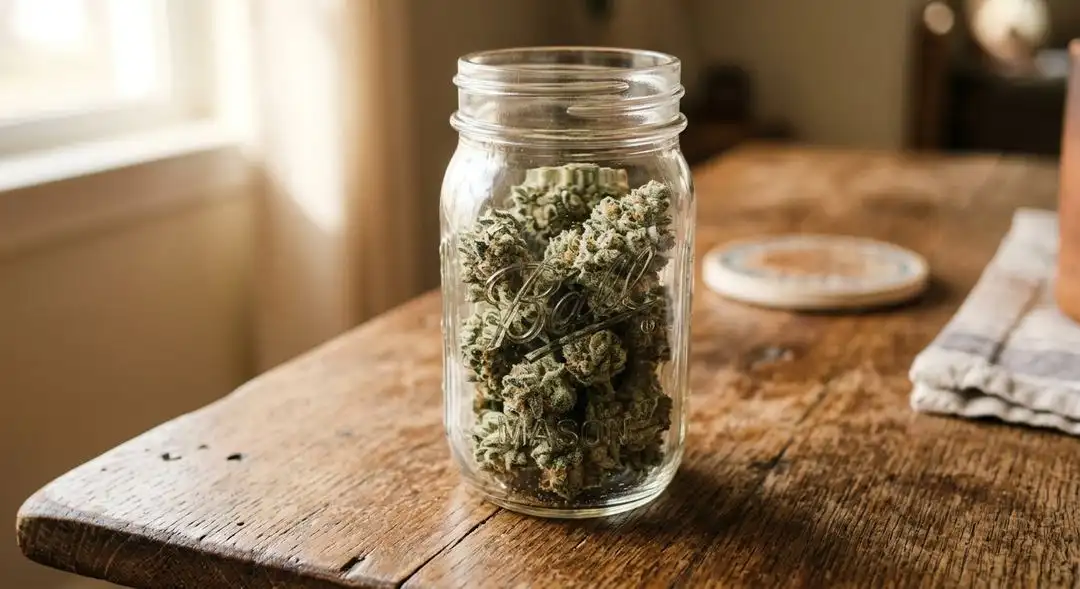 Cured White Russian cannabis buds showing thick trichome coverage, deep green coloration, and amber pistils at peak harvest ripeness