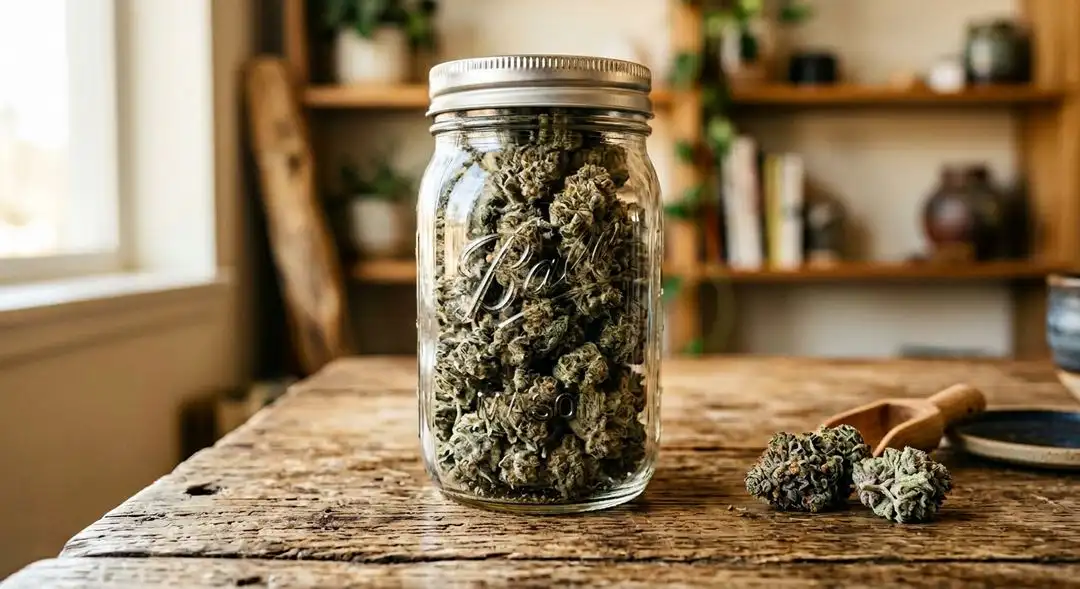 Cured Willie Nelson cannabis buds in a glass jar showing pale green color with amber trichomes and dried orange pistils
