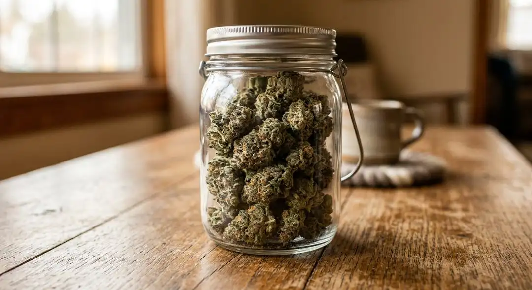 Cured Wonder Woman cannabis buds in a glass jar showing dense resinous structure with tropical green and orange coloration