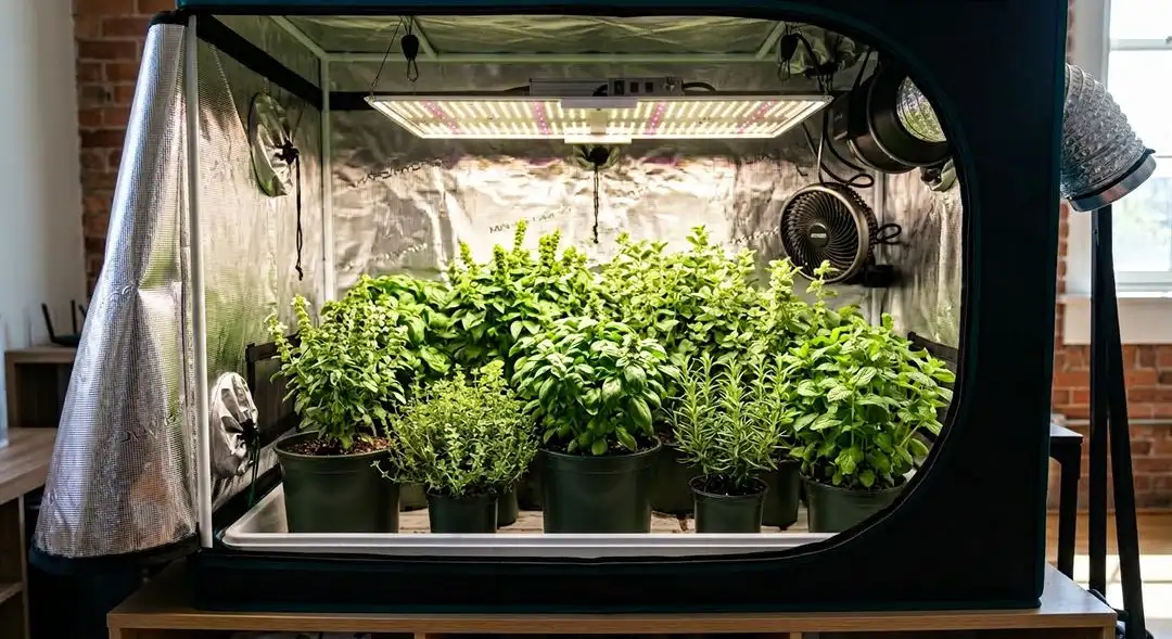 Wonder Woman cannabis plants in mid-flower under LED lights, showing dense canopy with pale green and tropical bud sites
